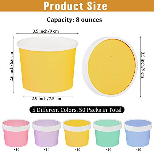 Ruisita Ruisita 50 Pack Ice Cream Containers with Lids 8 Ounces Disposable Soup Bowls with Lids Paper Ice Cream Sundae Cups Treat Cups with Lids Protect Frozen Desserts like Yoghurt, Assorted Colors