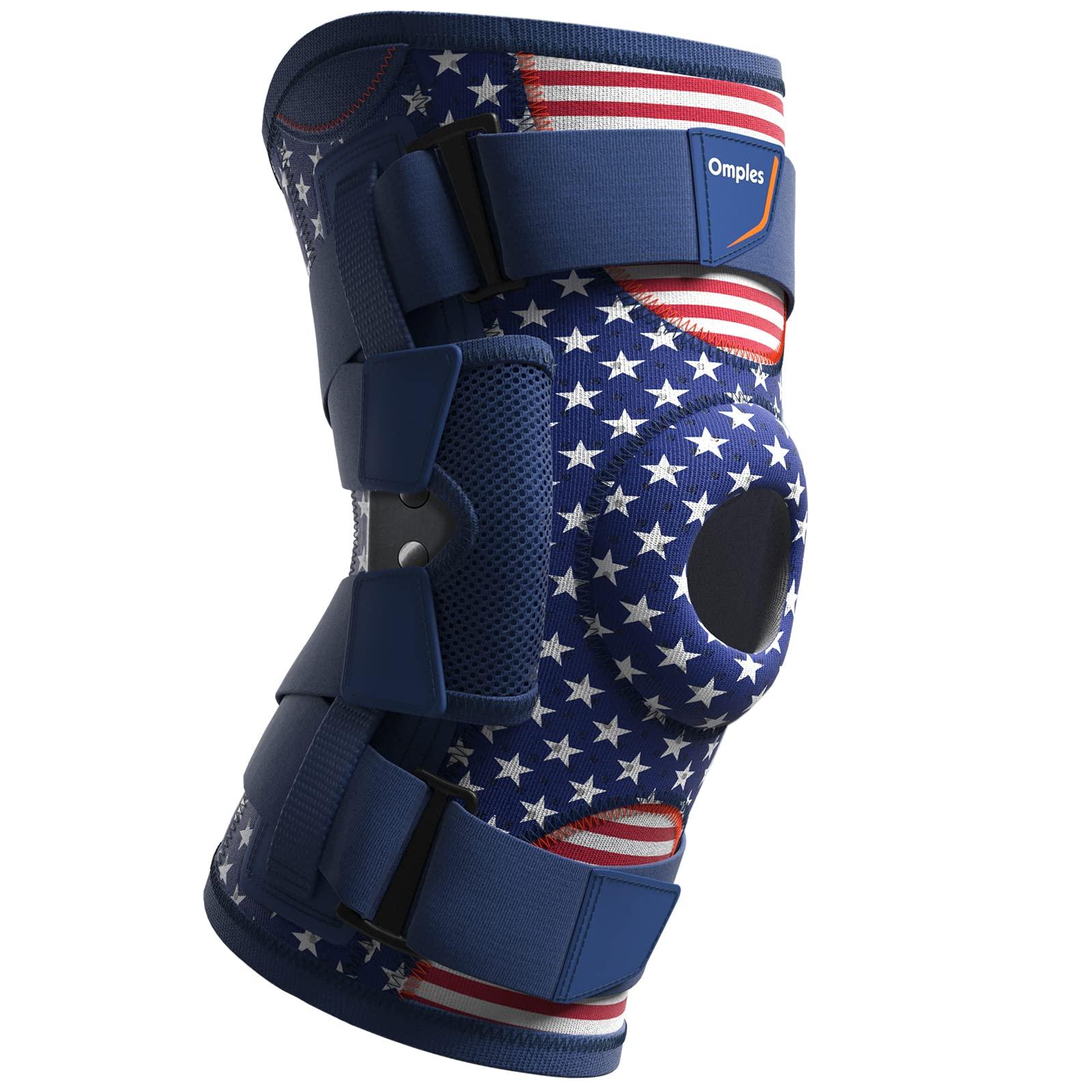 Omples Omples Hinged Knee Brace for Knee Pain Knee Braces for Meniscus Tear Knee Support with Side Stabilizers for Women and Men Patella Knee Brace for Arthritis Pain Working Out Running American Flag (X-Large)