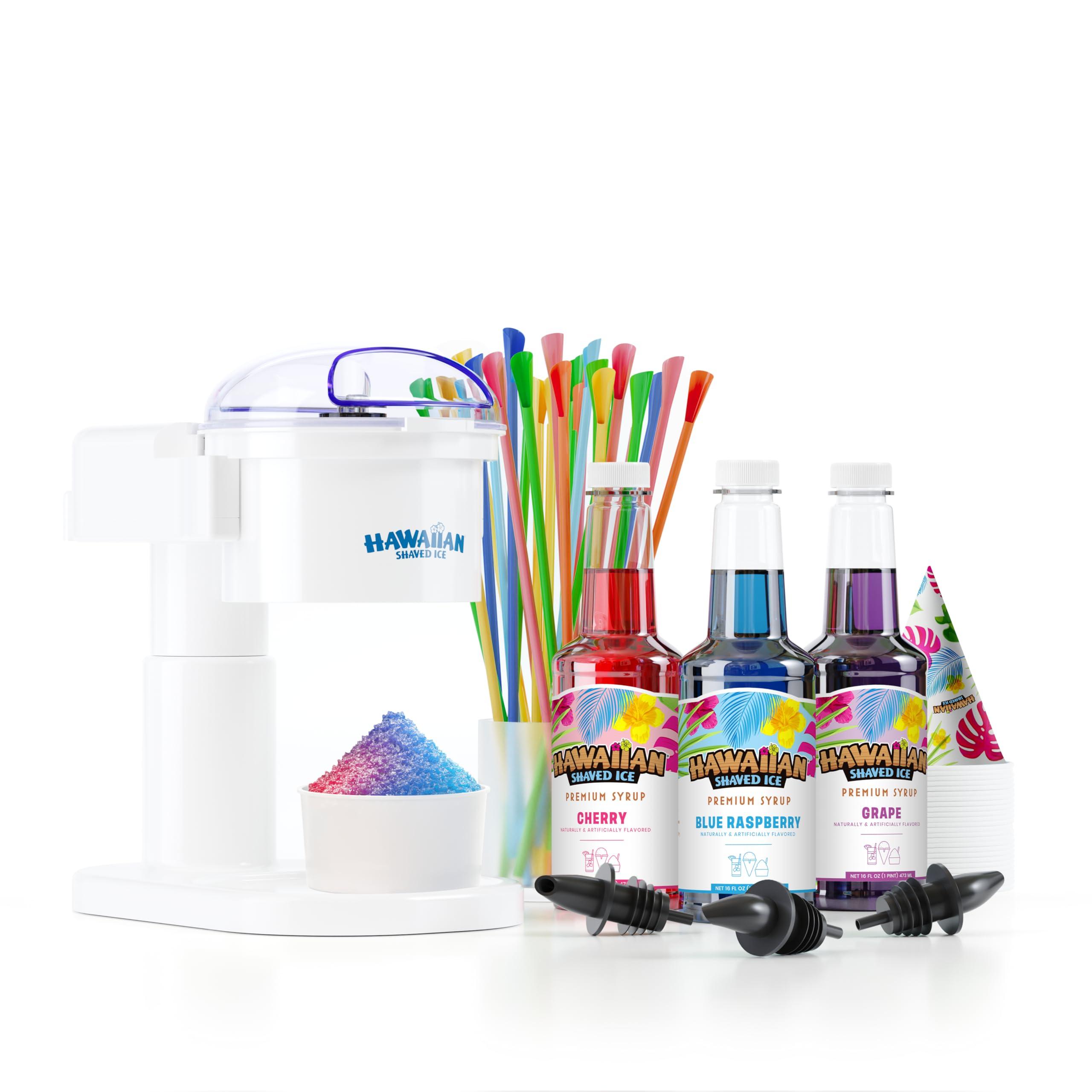 Hawaiian Shaved Ice Hawaiian Shaved Ice Snow Cone Machine Package with Flavoring Syrups, Featuring Cherry, Grape, Blue Raspberry Shaved Ice Syrup and Party Ready Accessories