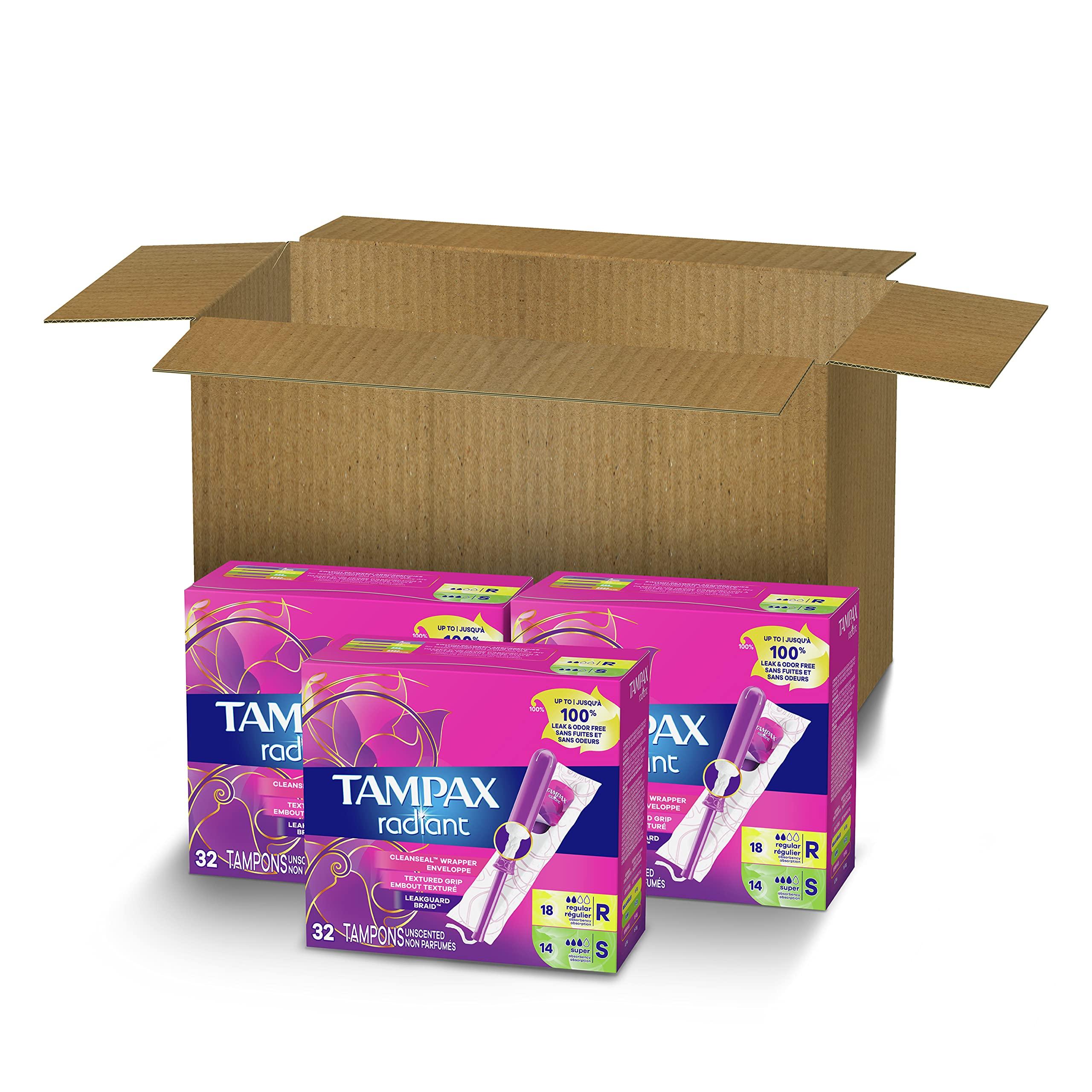 Tampax Tampax Radiant Tampons Duo Pack, Regular/Super Absorbency, 96 Count, BPA-Free Plastic Applicator and LeakGuard Braid, Unscented, 96 Count