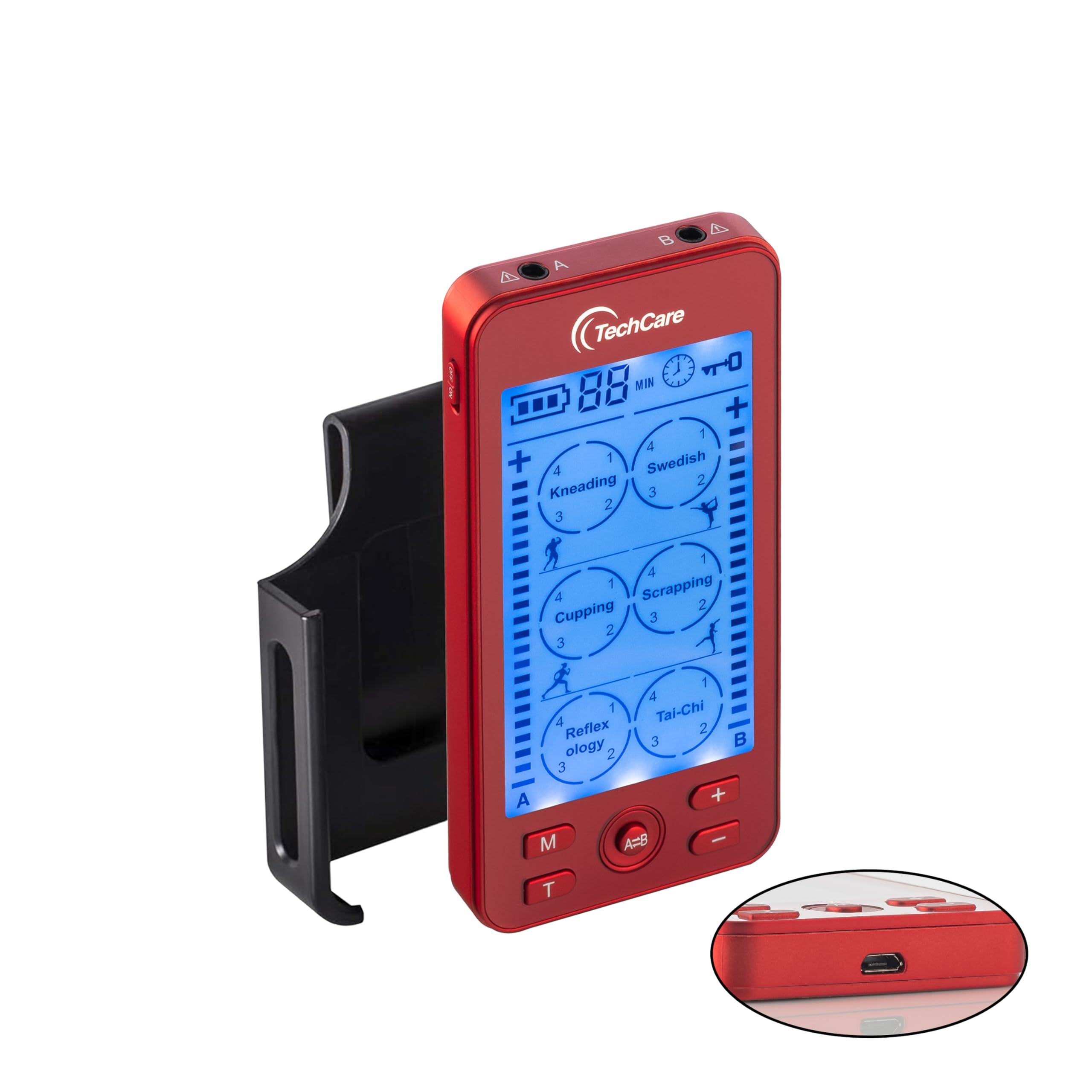 TechCare Massager Tens Unit Plus 24 Rechargeable Electronic Pulse Massager Machine Multi Mode Device with All Accessories (Red)