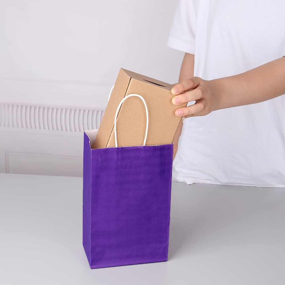 Oikss Oikss 100 Pack 5.25x3.25x8.25 Inch Small Purple Kraft Paper Bags with Handles Bulk for Birthday Wedding Party Favors Grocery Retail Shopping Business Goody Craft Gift Bags Cub Sacks (100pcs Count)