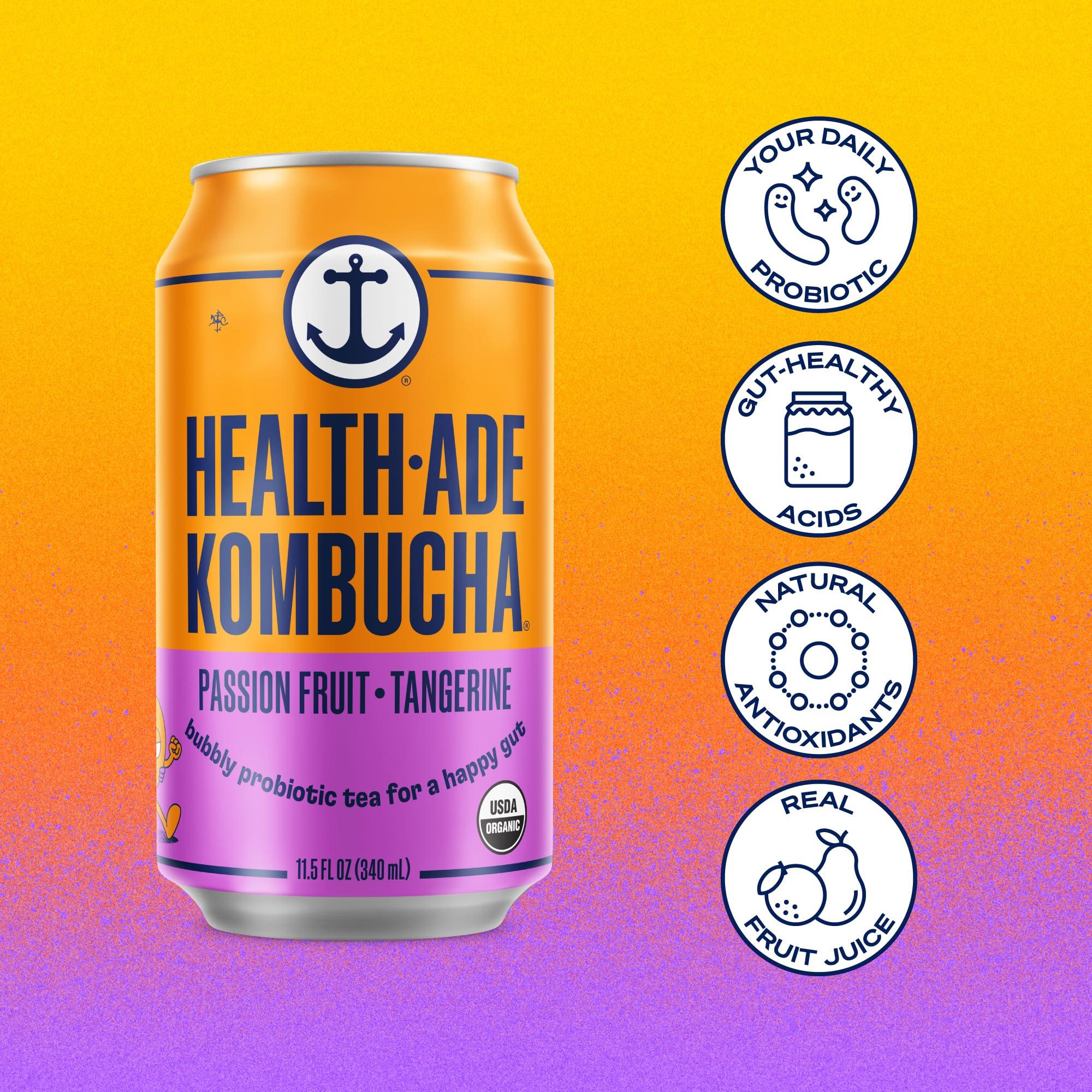 Health-Ade Health-Ade Passion Fruit-Tangerine Kombucha, Organic Drink, 12-Pack (11.5 Fl Oz Cans) Fermented Tea with Probiotics, Non-GMO, Vegan, Gluten-Free