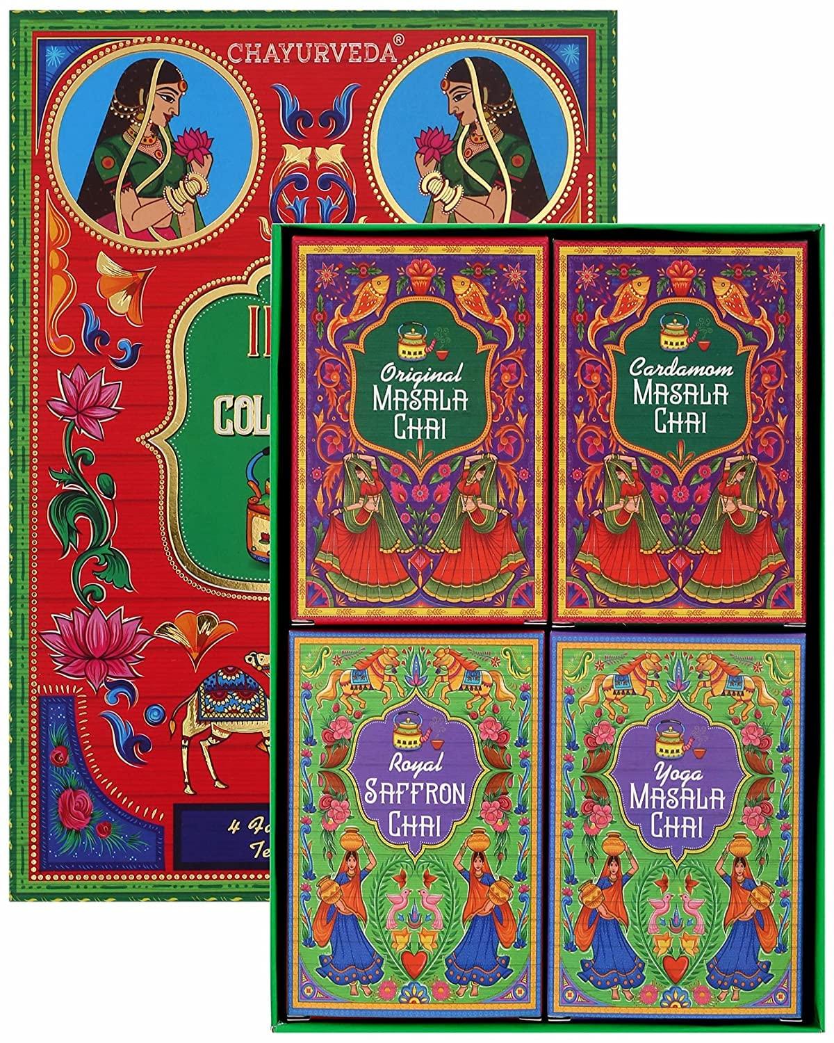 SAN-CHA Sancha Tea Boutique| India Chai Collection Box| Saffron Masala Chai, Cardamom Masala Chai, Ginger Masala Chai & Yoga Tea (125Cups)| Tea Assortment| Tea Variety Pack| Tea Sampler| Festival Gift Box