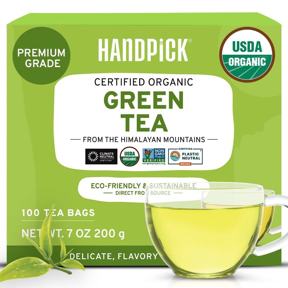 HANDPICK HANDPICK, Organic Green Tea Bags - 100 Eco-Friendly Tea Bags | USDA Organic | Resealable Pack for Freshness | Delicate & Flavory | Direct From India