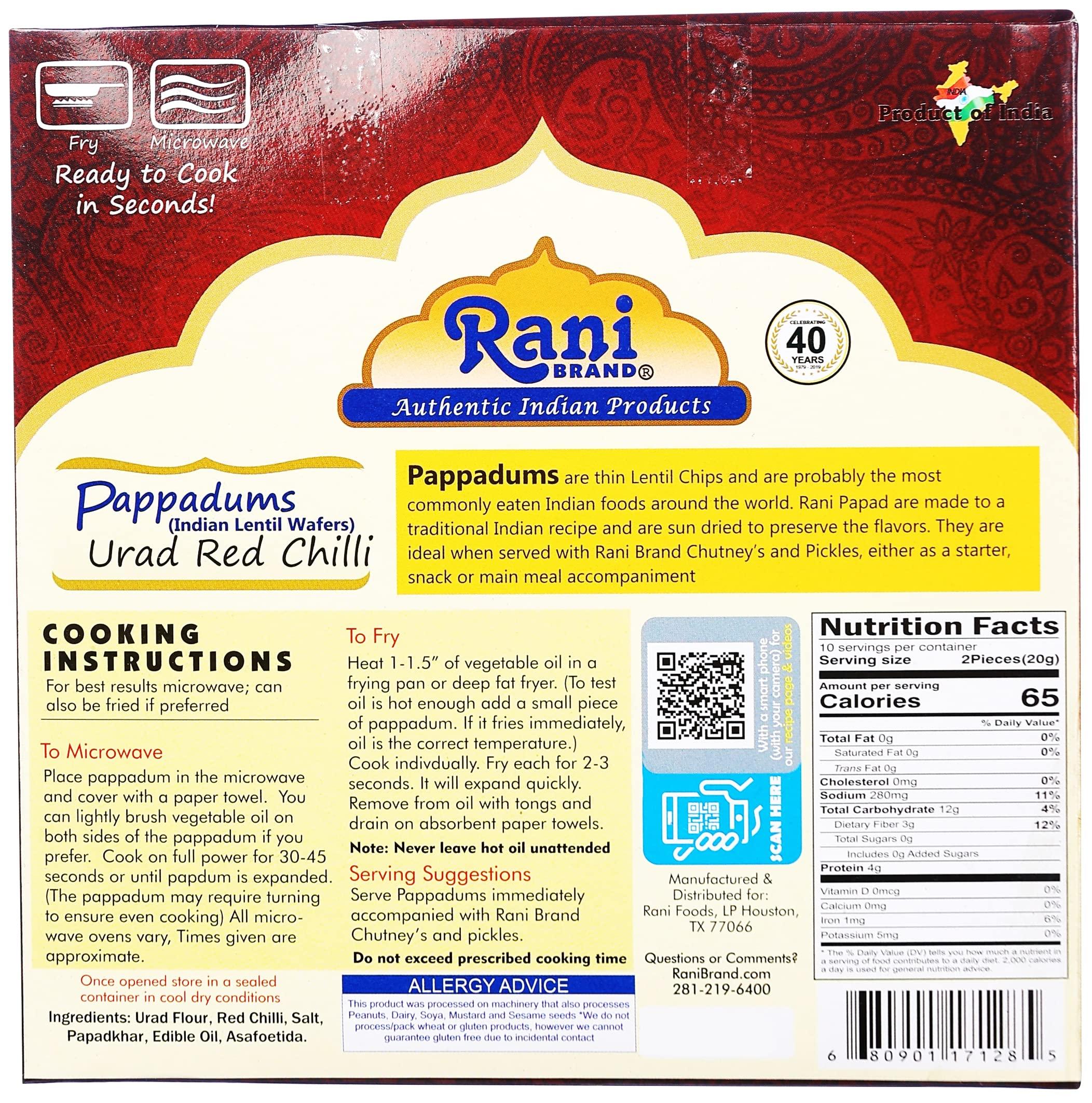 Rani Brand Authentic Indian Products Rani Pappadums (Indian Lentil Wafer Snack) Red Chilli Papad 7oz (200g) Approximately 15pc, 7 inches ~ All Natural | Gluten Friendly | NON-GMO | Vegan | Indian Origin
