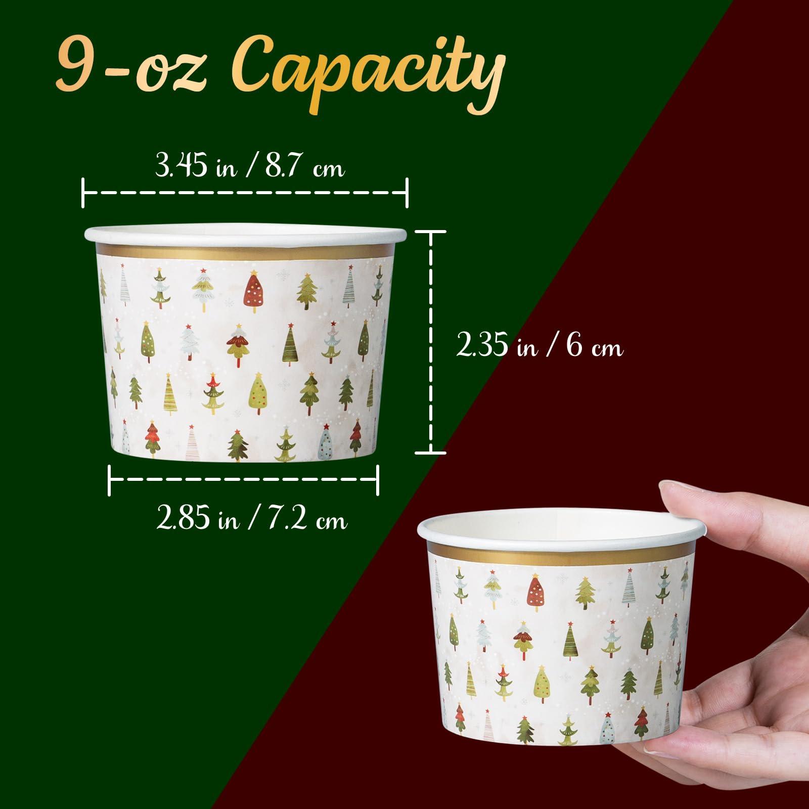 Confettiville Confettiville Paper Ice Cream Cups, 50-Count 9-Oz Disposable Dessert Bowls for Hot or Cold Food, 9-Ounce Christmas Party Supplies Treat Cups, Handdrawn Christmas Trees, Gold Foil
