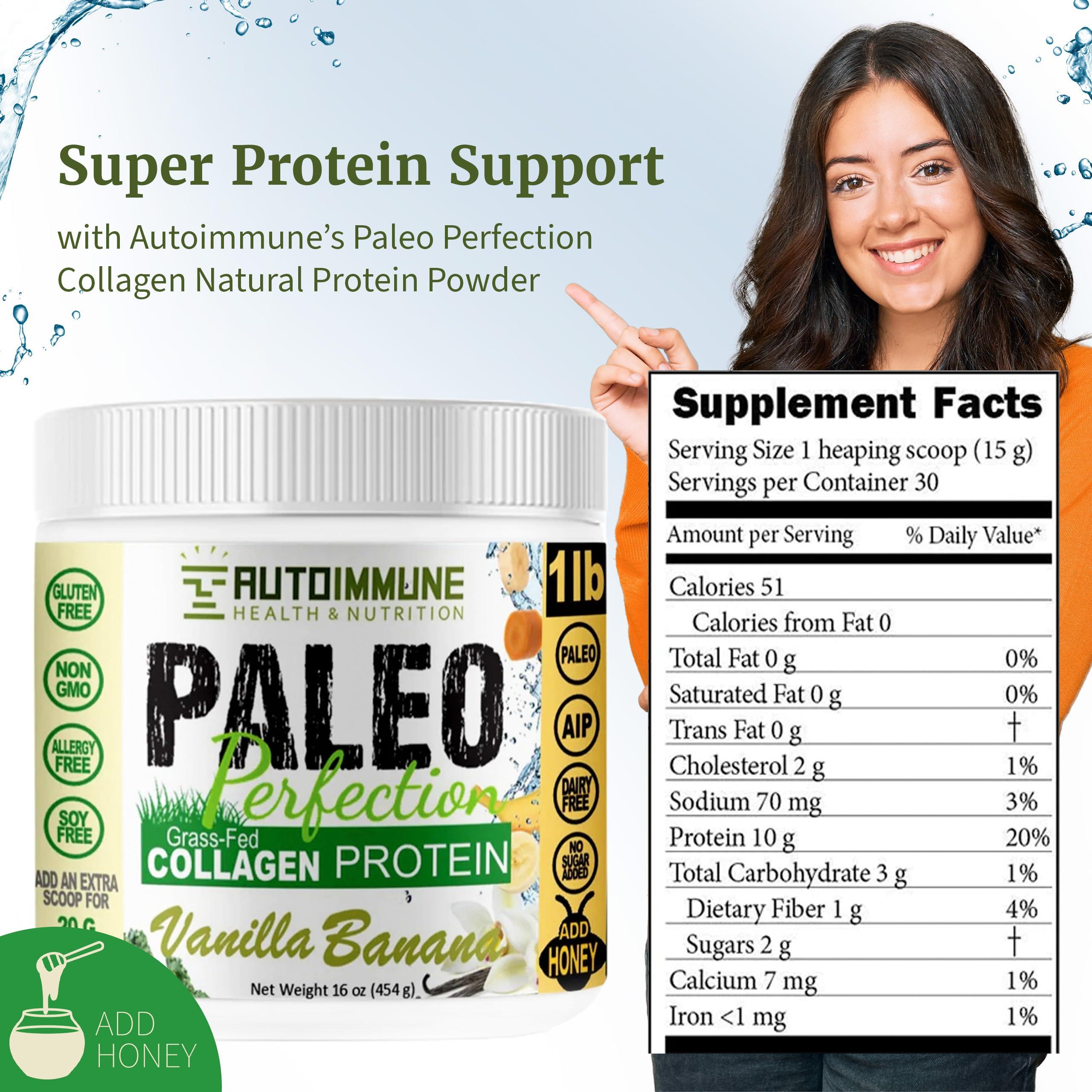 AUTOIMMUNE HEALTH & NUTRITION Paleo Perfection Vanilla Banana Grass Fed Beef Collagen Protein Powder without Stevia - Paleo, Keto, SCD, AIP Protein Powder with Apple Fiber, Carrot & Broccoli - 300g Protein Powder & Superfood Blend
