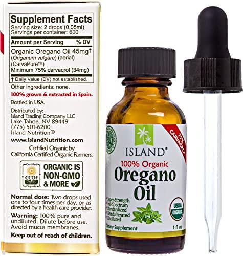 Island Nutrition Island Nutrition, Oregano Oil Organic Liquid Drops - 100% Pure & Undiluted - USDA-Certified Organic (1 oz) 75% Carvacrol - Grown in Spain - Immune Support Supplement with Oil of Oregano.
