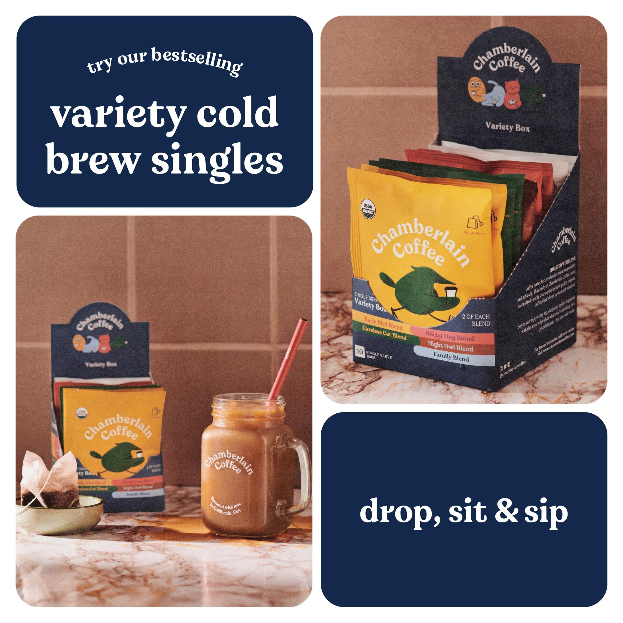 Chamberlain Coffee Chamberlain Coffee Variety Box Single Serve Bags - Includes 5 Blends, Original Family Blend, Early Bird Blend, Night Owl Blend, Careless Cat Blend, Social Dog Blend - 10 Single Serve Cold Brew Sachets