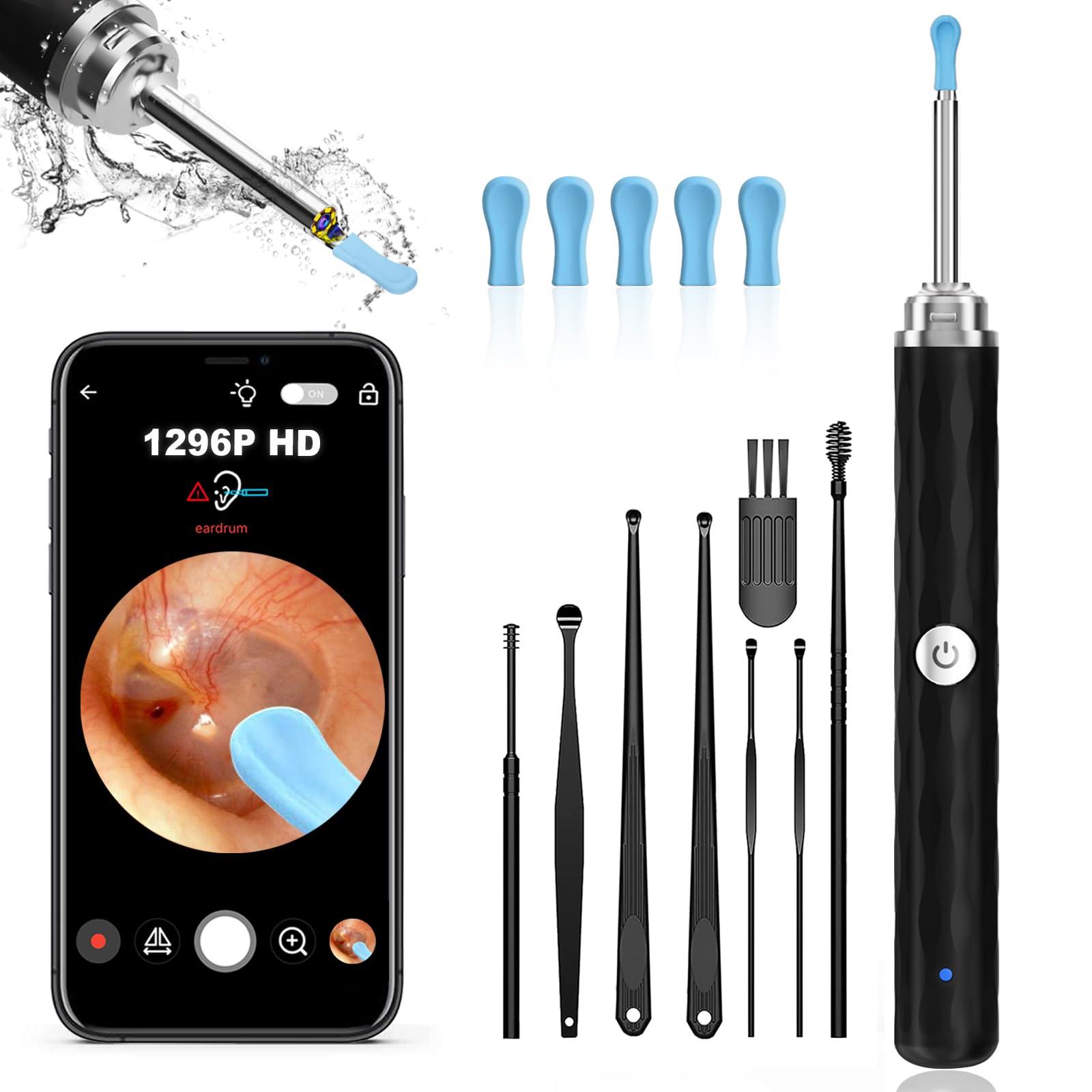 Right Ear Wax Removal, Ear Cleaner with Camera and Light, Ear Wax Removal Kit with 1296P Otoscope, Ear Cleaning Tool with 6 Ear Spoon, Ear Camera for iPhone & Android Phones,Black
