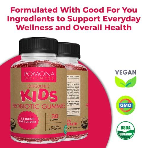 Pomona Wellness Pomona Wellness Organic Probiotic Gummies for Kids, Supports Digestive and Immune Health Helps Minor Abdominal Discomfort & Bloating, Strawberry Flavor, USDA Organic, Vegan, Non-GMO, 30 Count (2 Pack)