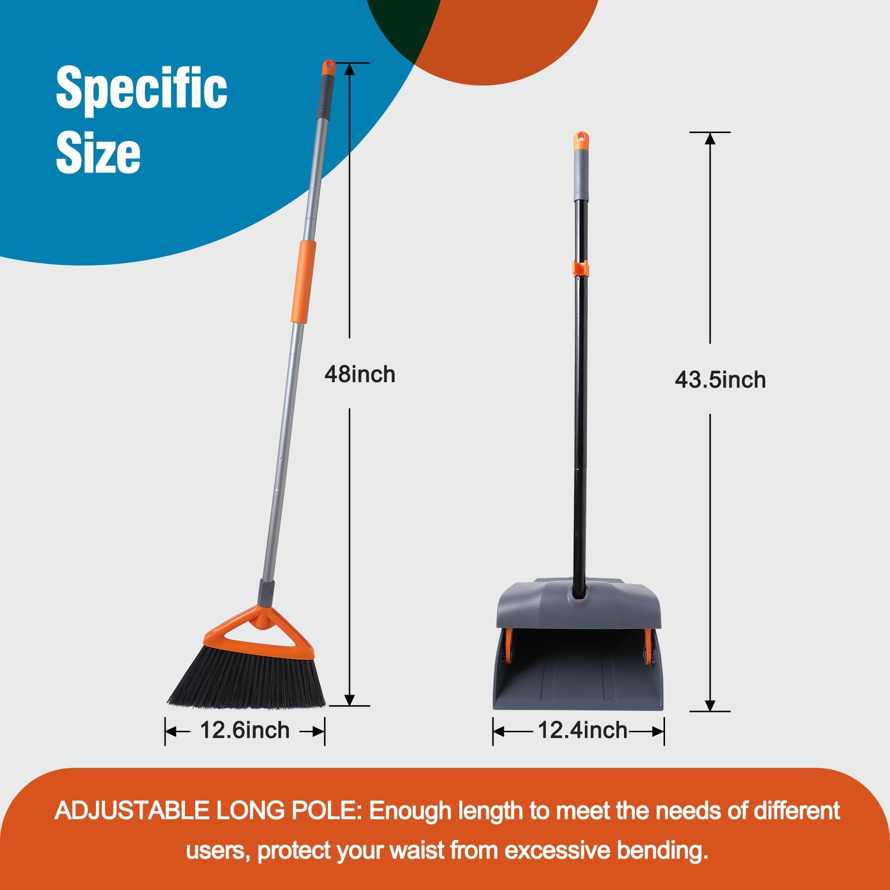 CLEANHOME CLEANHOME Heavy Duty Broom with Dustpan Combo Set Indoor and Outdoor Dual Purpose,Stiff Bristle Commercial Angle Broom and Standing Dust Pans with Long Handle for Sweeping Home,Kitchen,Yard,Grey