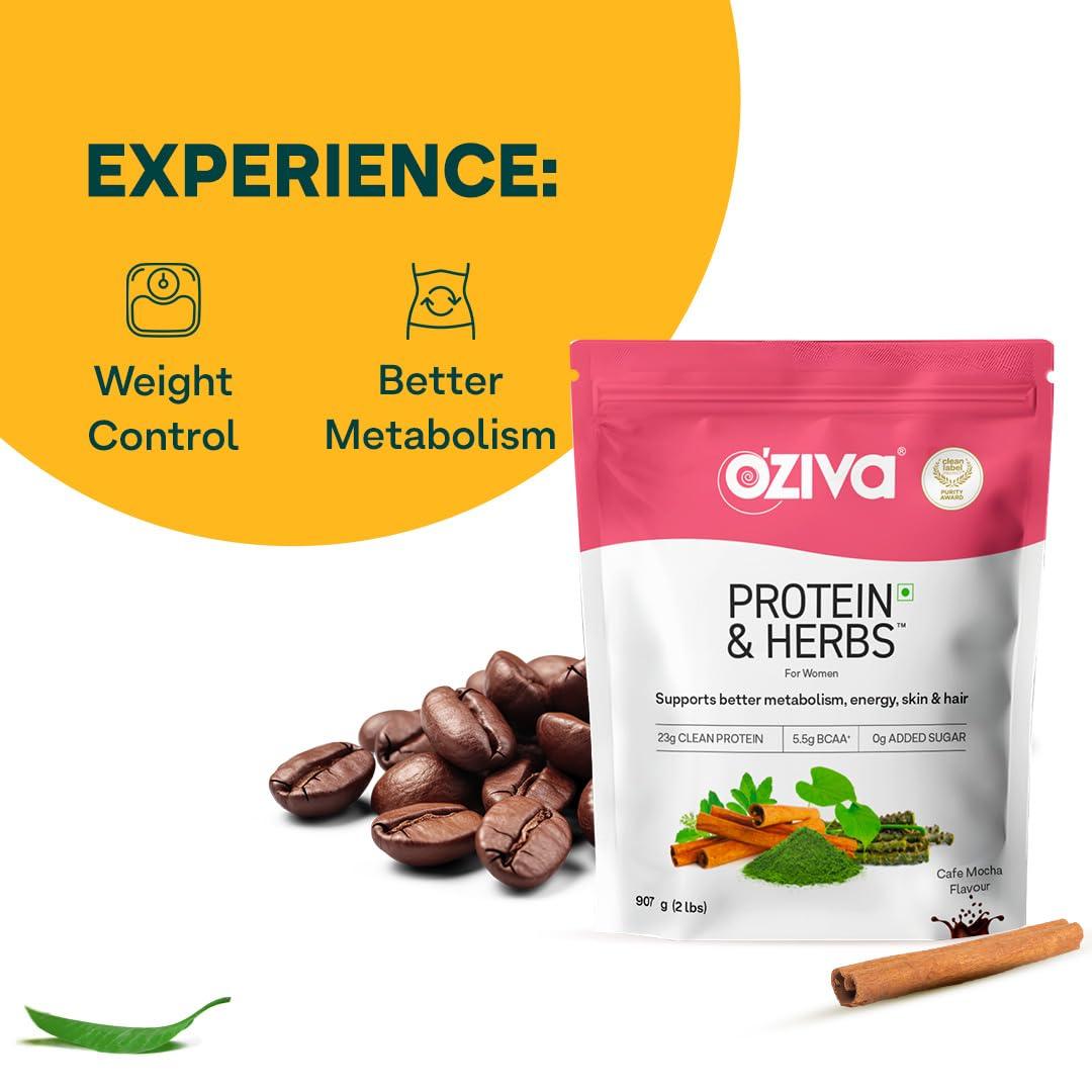 OZIVA Oziva Protein & Herbs Whey Protein with Ayurvedic Herbs for Women, Cafe Mocha, 31 Servings, 0g Added Sugar