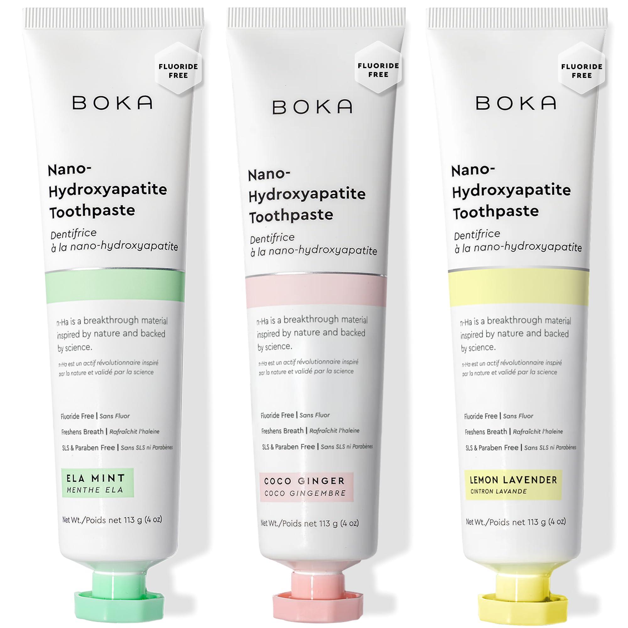 Boka Boka Fluoride Free Toothpaste Nano Hydroxyapatite, Helps Remineralize, Appropriate for Sensitive Teeth, Whitening - for Adult, Kids Oral Care - Ela Mint, Coco Ginger, Lemon Lavender Flavor, 3 Pieces