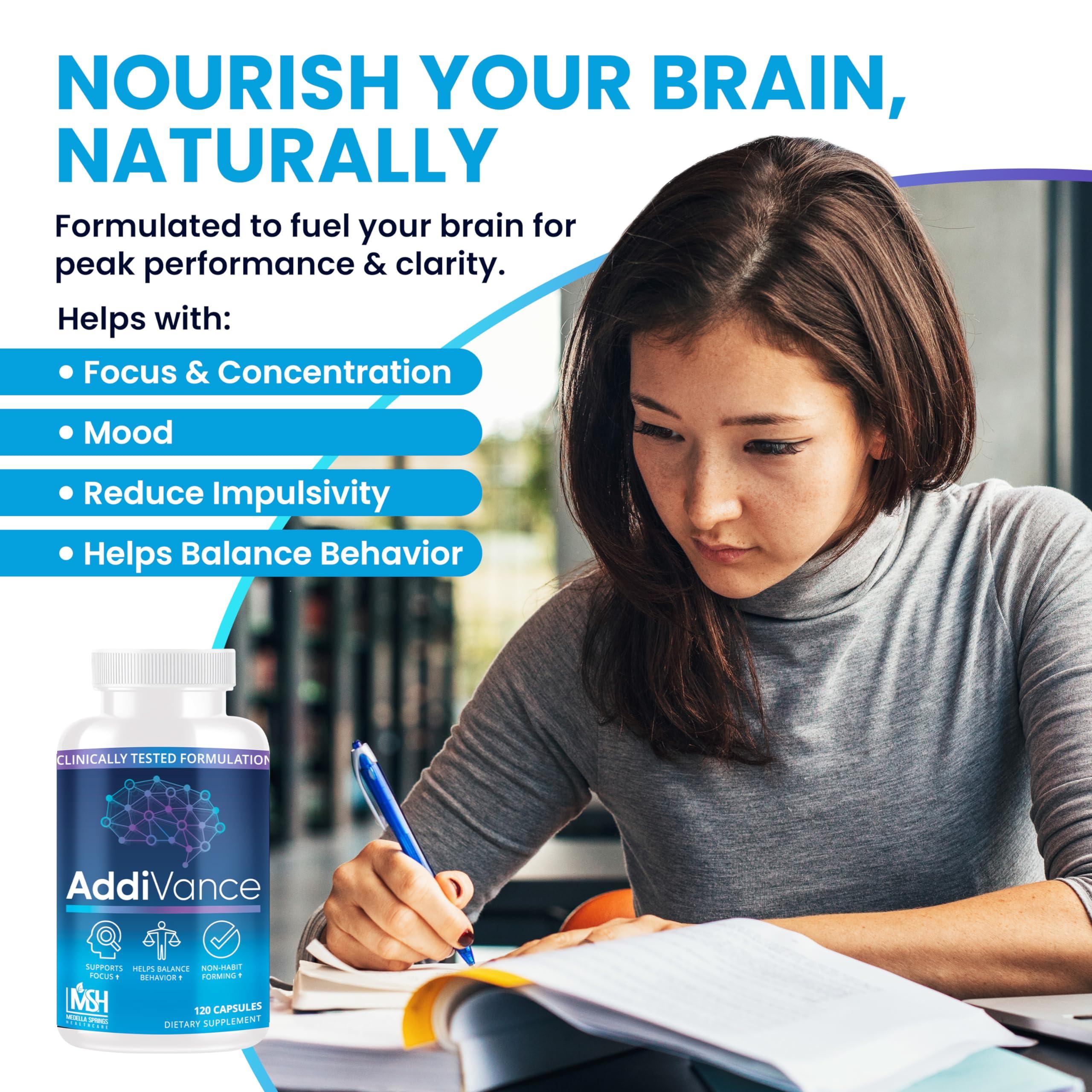 Medella Naturals AddiVance 120 Caps - Natural Brain Support Supplement for Enhanced Focus, Memory, & Balanced Behavior - Clinically Proven Non-Habit Forming Brain Supplement - Formulated by Medical Professionals
