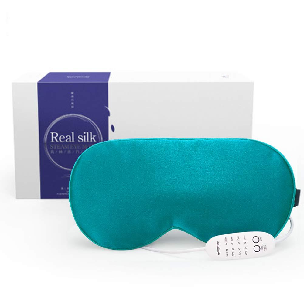 Smartmak Real Silk Heated Eye Mask, Reusable USB Electric Soft Sleeping Mask with Temperature and Time Control, Comfortable Heating Steam Blindfold for Eyes Relax - Peacock Blue
