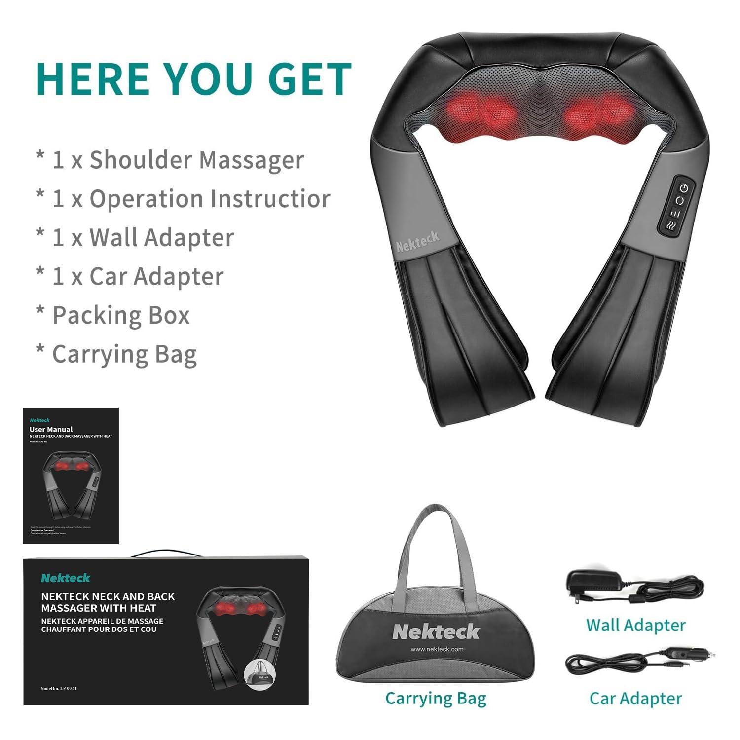 Nekteck Nekteck Shiatsu Neck and Back Massager with Soothing Heat, Electric Deep Tissue 3D Kneading Massage Pillow for Shoulder, Leg, Body Muscle Pain Relief, Home, Office, and Car Use