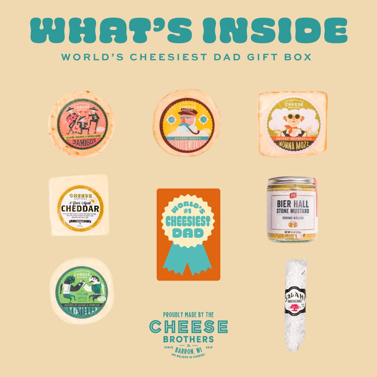 CHEESE BROTHERS INC Cheese Bros. World\'s Cheesiest Dad Father\'s Day Gift Box | Wisconsin Made | Includes Italian Fratello, Gouda, Aged Cheddar, Classic Mustard and Artisan Salami | Great Food Gifting Idea!