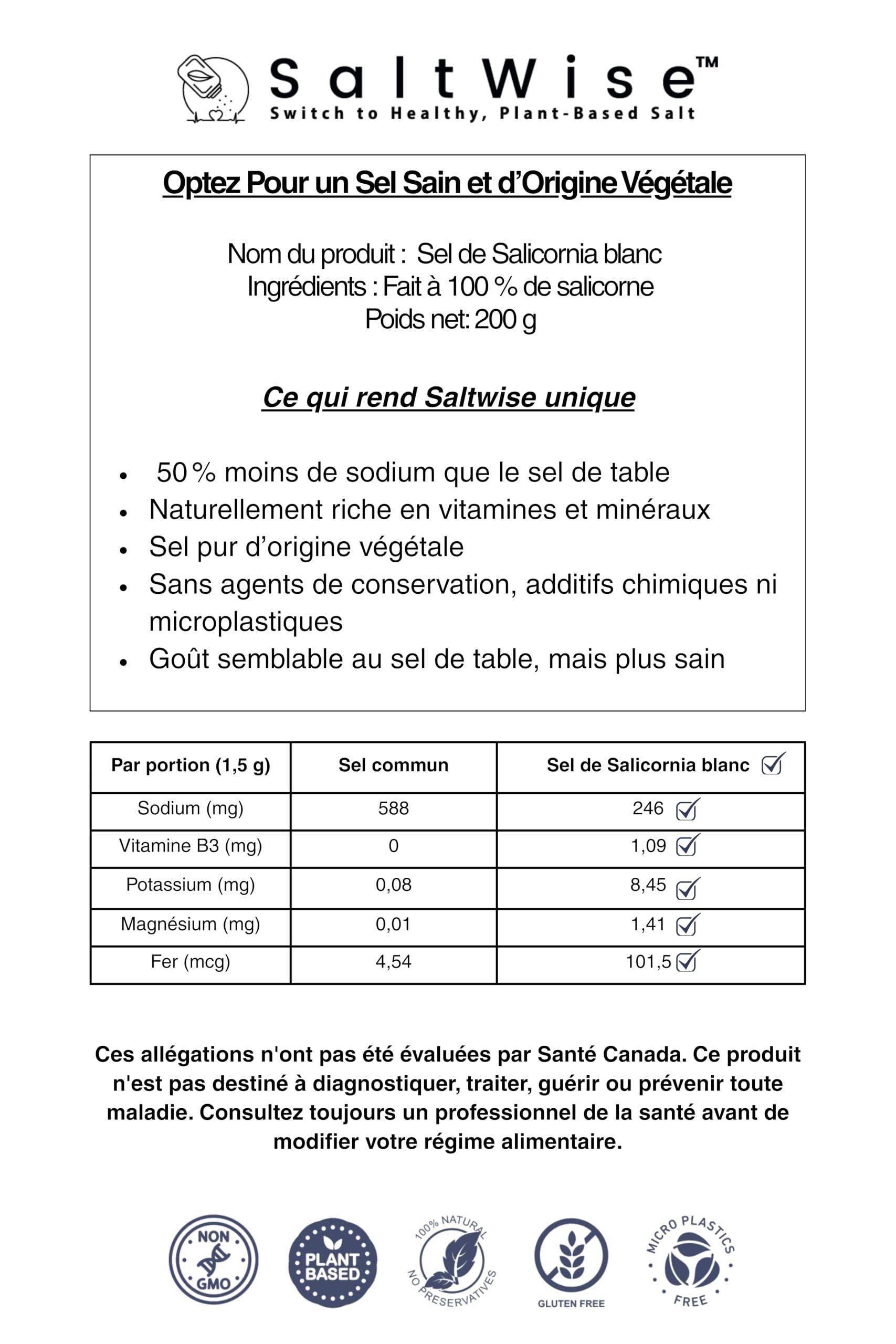 SaltWise SaltWise Low Sodium Salt Substitute, Plant Based Mineral Salt, Salicornia White Salt, Kosher, 100% Natural, No Additives (7.05 Oz / 200g)