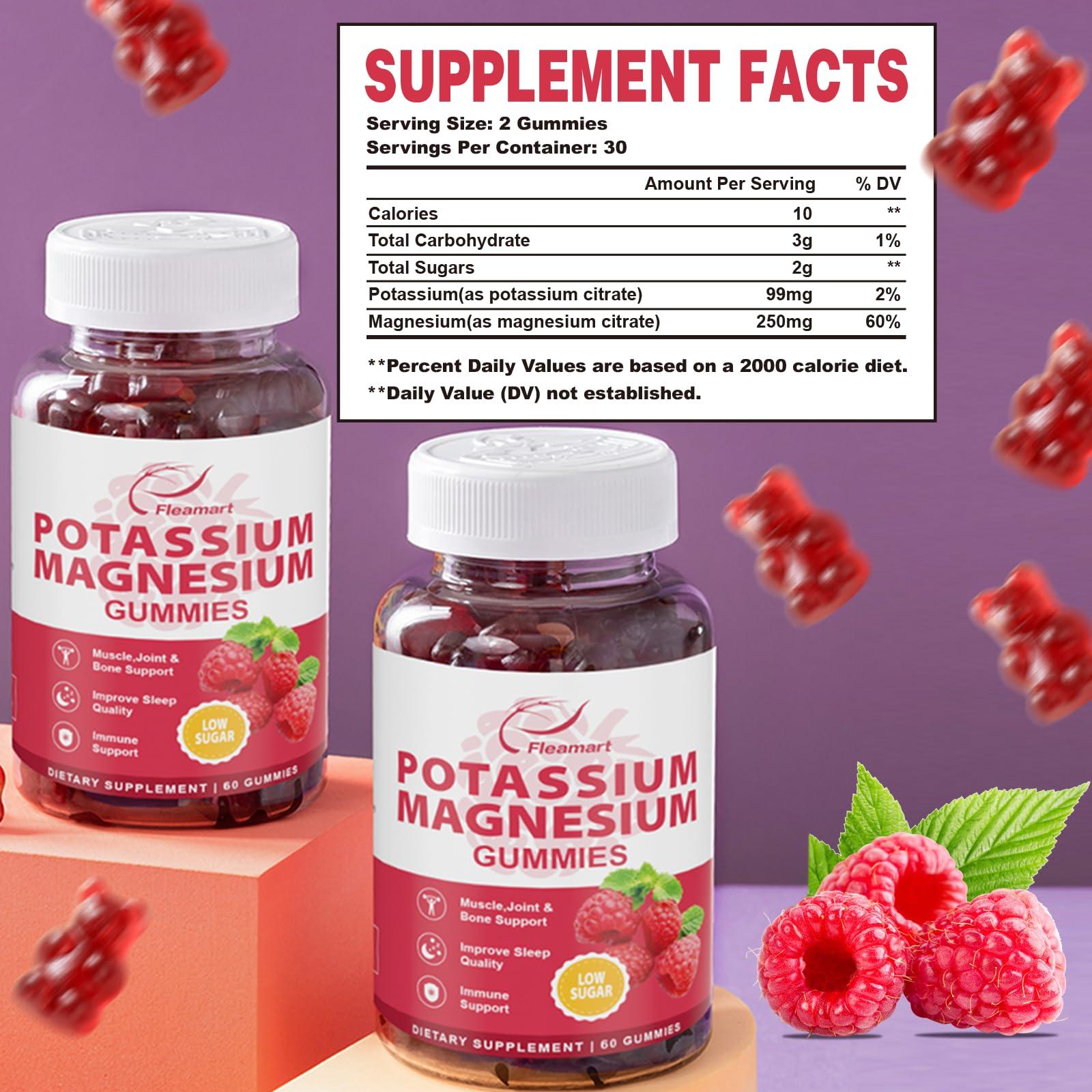 Fleamart Potassium Magnesium Gummies Potassium Citrate 99mg Magnesium Citrate 250mg Magnesium Potassium Complex Supplement, Immune Support, Leg Cramps Muscle Health, 60 Raspberry Gummies 2 Pack