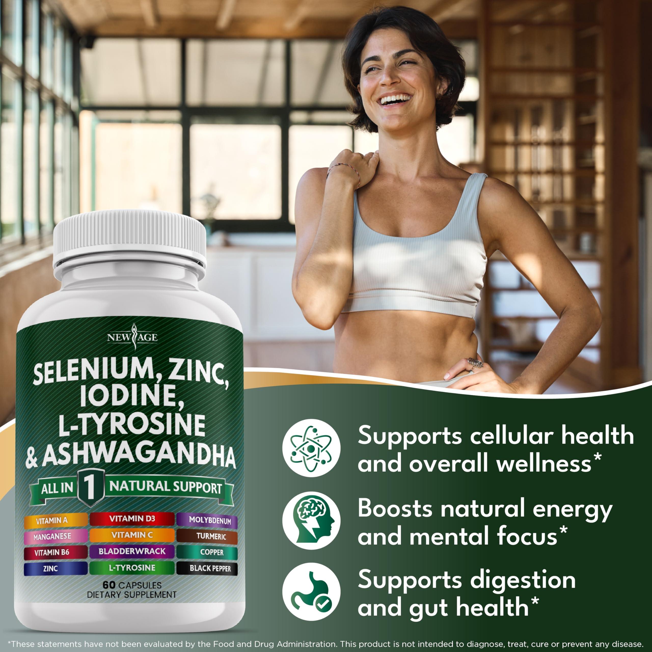 NEW AGE Selenium, Zinc, Iodine, L Tyrosine, Ashwagandha - Thyroid Support Supplement for Women and Men with Bladderwrack, Turmeric, Silica Kelp, Schisandra - 60 Count