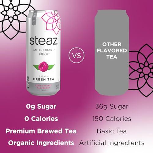 Steaz Steaz - Organic Green Tea - Zero Calorie Raspberry (12 Pack) - Antioxidant Brew - 65mg Natural Caffeine, Vitamin C - Stevia Sweetened Iced Tea - Vegan, Fair Trade - 12 Cans, 16 fl oz (473mL)