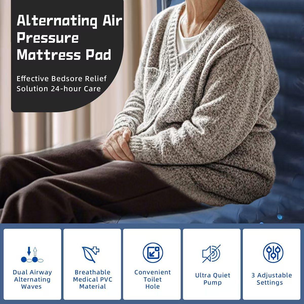 CRAZY ROSA Alternating Air Pressure Mattress Pad, Inflatable Bed Sore Prevention Cushion with Toilet Hole & Quiet Pump for Elderly Bedridden Patients Ulcer Sore Relief, Fits Hospital & Home Bed