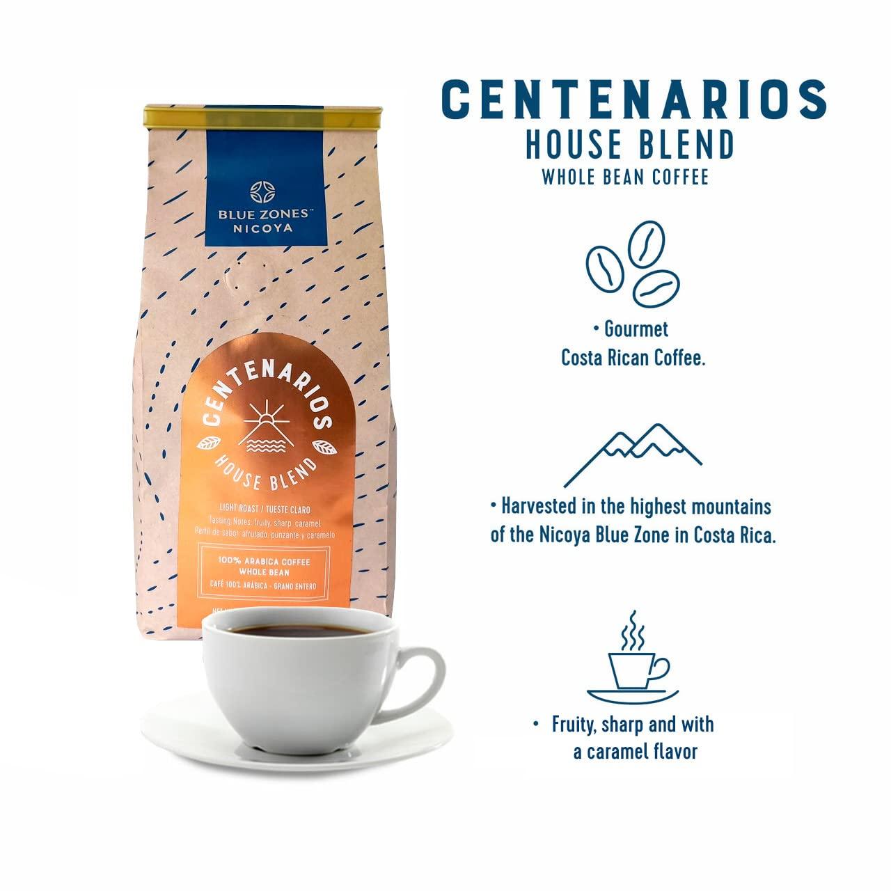 BLUE ZONES Blue Zones Nicoya - Centenarios Whole Bean Coffee - 100% Arabica Light Roast, House Blend - Fruity Caramel Flavor - All Natural, Gluten & Sugar-Free (12oz/ 340g)