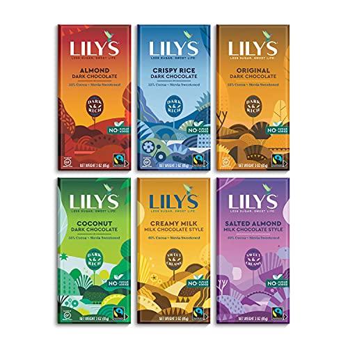 Lily's Lily's Chocolate Variety 6 Pack | Made with Stevia, No Added Sugar, Low- Carb, Keto Friendly | 6 Flavors, 1 Bar each | Sampler, Gift Set