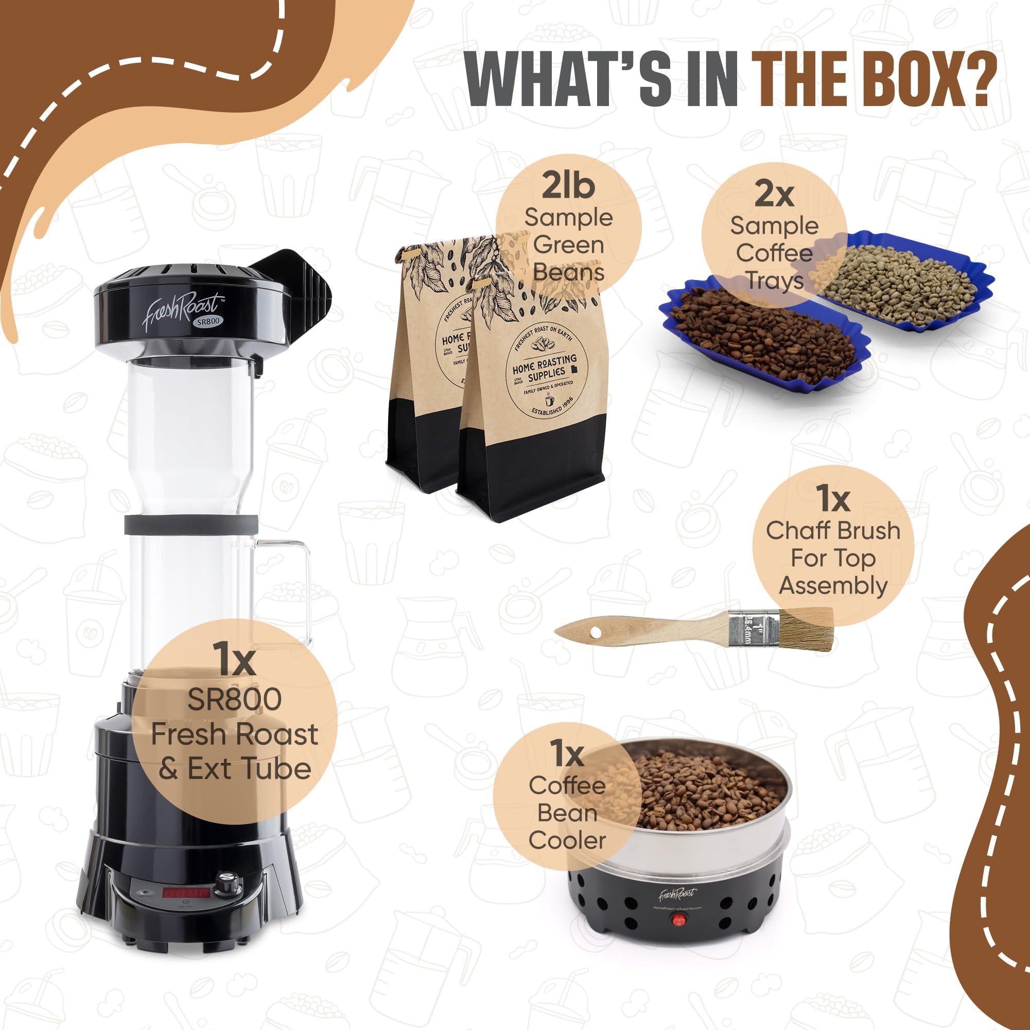 Fresh Roast Fresh Roast Coffee Roaster Bundle SR800, Glass Extension Tube, Coffee Bean Cooler, (2 Lbs) Sample Pack of Green Beans, (2- pack)Sample trays