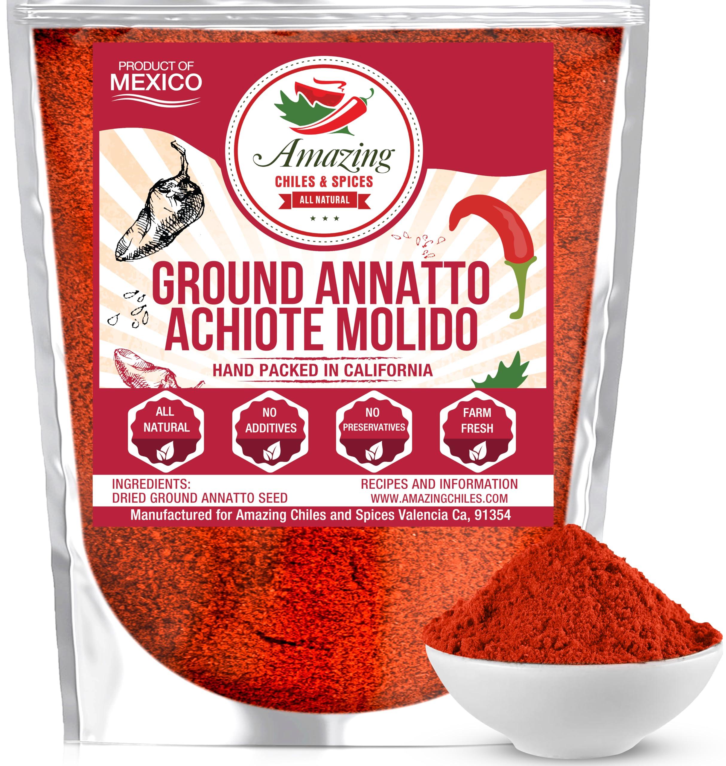 Amazing Chiles & Spices Achiote Powder – Ground Annatto Seeds 8oz Great for Adding Color and Mild Flavor in Soup, Stews, Meats and Mexican Recipes