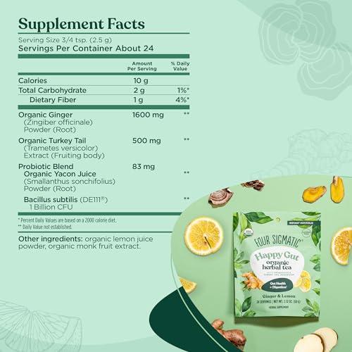Four Sigmatic Four Sigmatic Happy Gut Organic Herbal Tea | Organic Lemon Ginger with Probiotics & Turkey Tail Mushroom | Instant Digestive Tea | Vegan, Gluten-Free | Lemon Ginger, 24 Servings