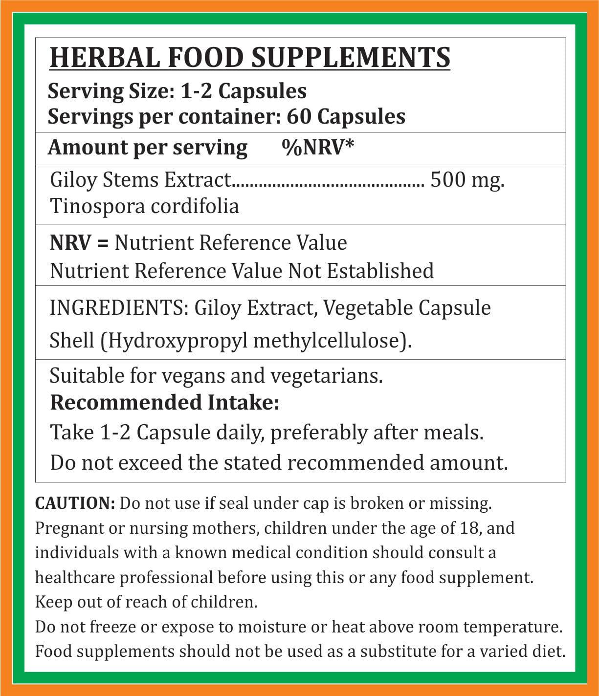 Satya Naturals Giloy Forte Capsules 500 mg. 60 Veg. Capsule | Guduchi (Tinospora Cordifolia) Extract Capsules for Men and women | Indian Ayurvedic Herbal Supplement/Remedies (2 Bottles of 60 Capsules)