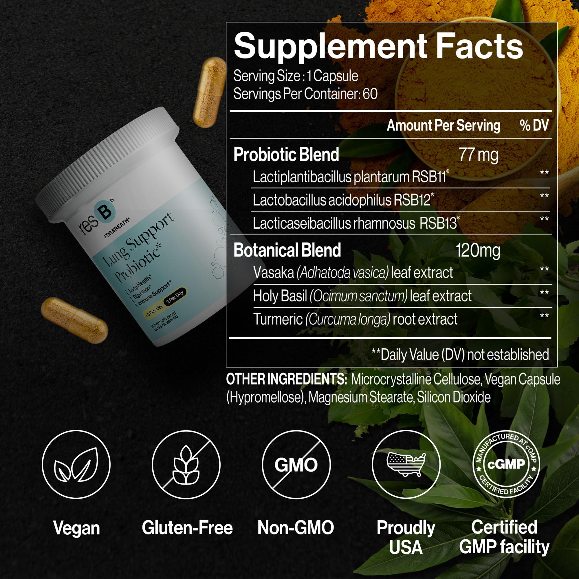 ResBiotic resbiotic resB Lung Support Probiotic Supplement - Lung Health Supplement for Smokers, Gut Health, Immune & Digestive Support, Respiratory Care, Holy Basil & Turmeric, Clinically Trialed - 60 Capsules