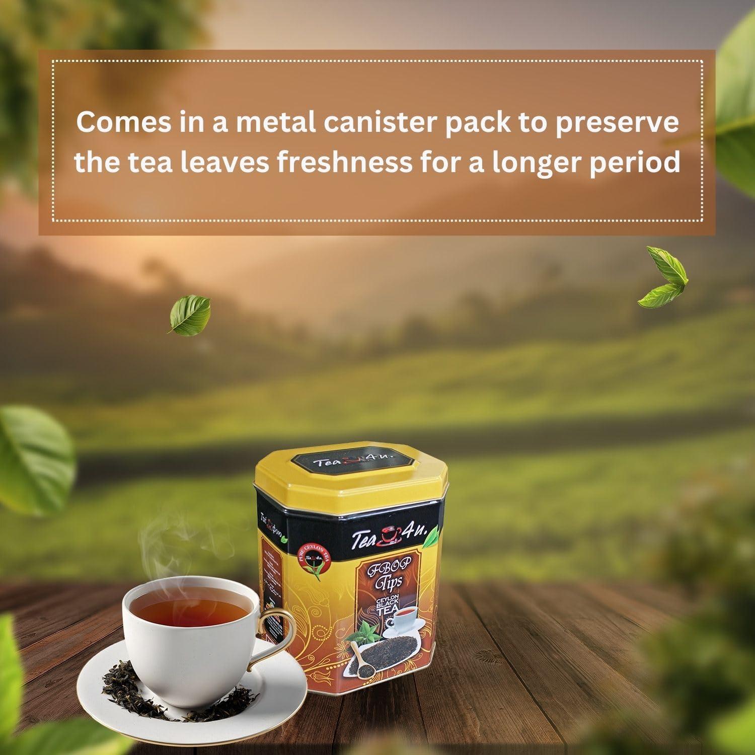 TEA 4U. BY ANVERALLY Tea4U FBOP Tips Loose Black Ceylon Tea, Fresh Handpicked Leaves with Metal Canister
