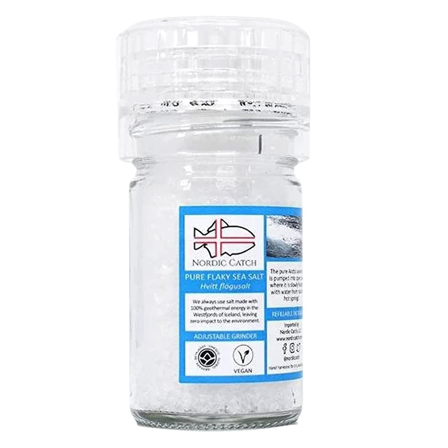 Nordic Catch Icelandic Sea Salt, Less Processed Flaky Salt Container, Mineral Rich Flake Sea Salts with Health Benefits, Sustainably Sourced Flaky Sea Salt for Baking (Pure Flaky, 40g Adjustable Grinder)