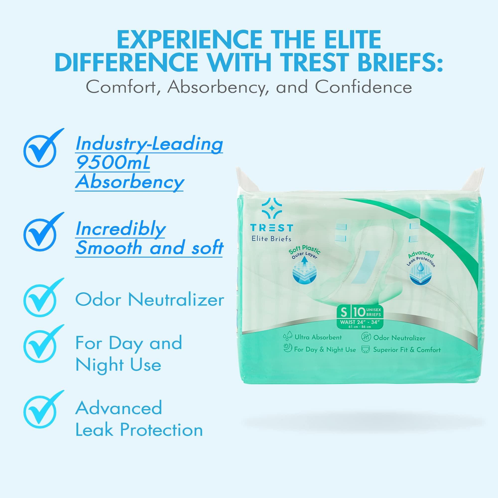 Trest TREST Elite Briefs for Men and Women, Overnight Diapers for Incontinence, Elite Absorbency, Comfortable, Odor Neutralizing and Secure Fit with 2 Wide Tabs - Green, Medium (Pack of 10)