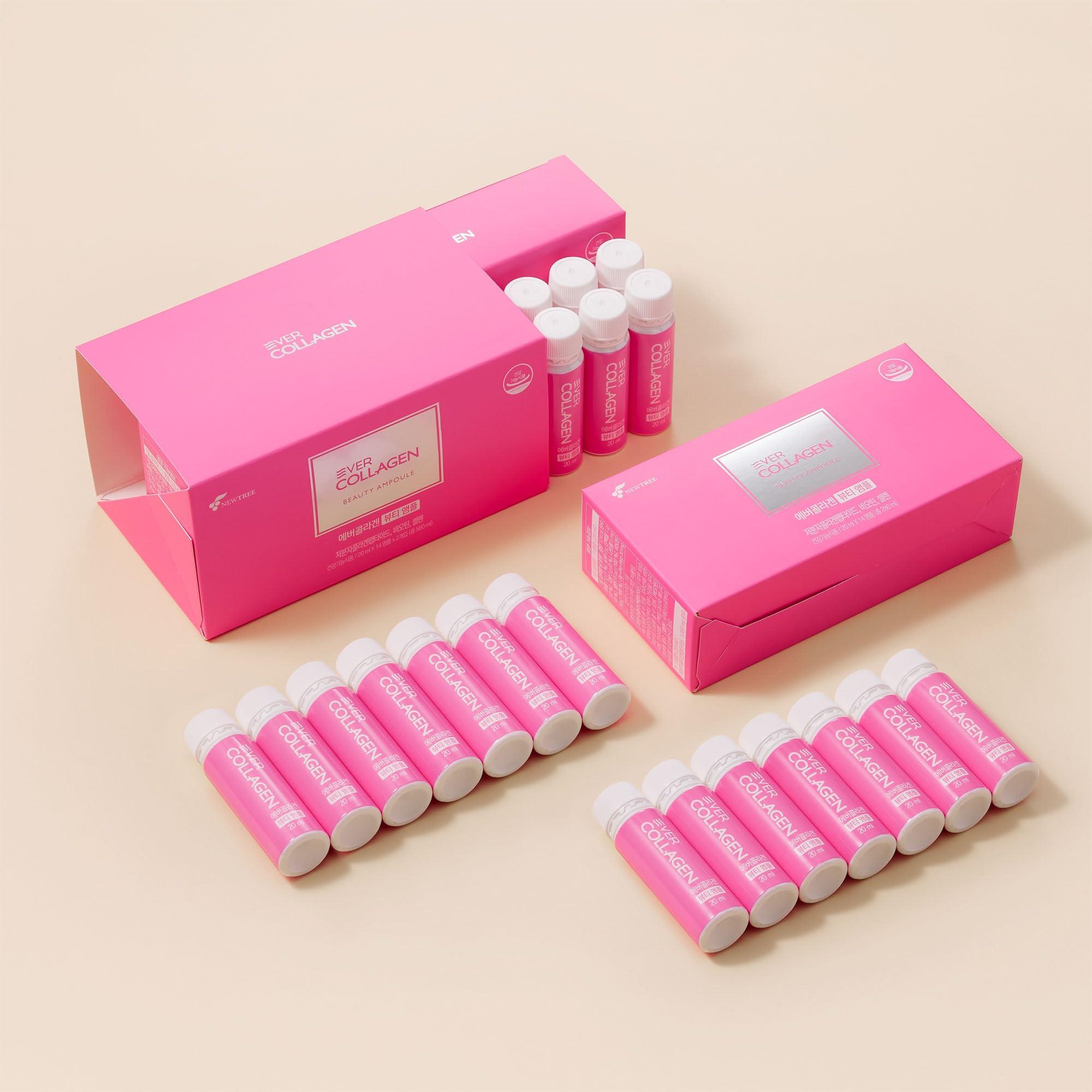 EVER COLLAGEN EVER COLLAGEN Beauty Ampoule - Liquid Marine Multi Collagen Drink Low Molecular Collagen Peptitdes Drinkable Supplement for Hair, Skin, Nail (1 Bottle Per Day, 14 Bottles)