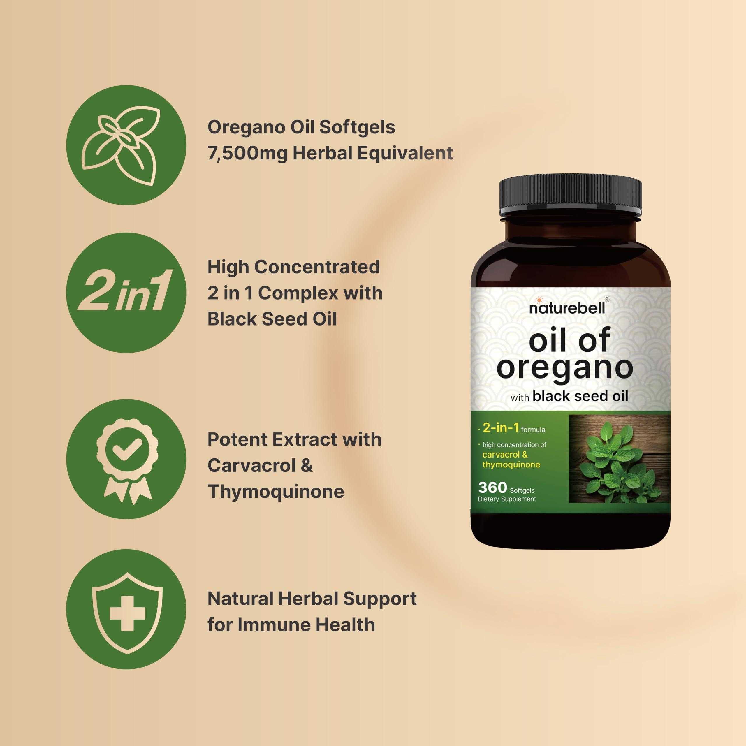 NatureBell NatureBell Oregano Oil 7,500mg with Black Seed Oil, 360 Softgels | 360-day Supply Essential Oils for Immune Health | Retains High Concentrated Carvacrol & Thymoquinone Non-GMO