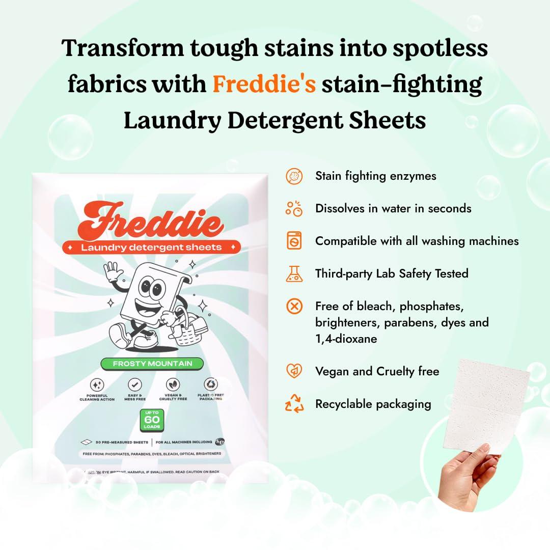 Freddie Freddie Laundry Detergent Sheets - Frosty Mountain Scent - 60 Loads (30 Sheets) - Concentrated Eco Friendly Liquid-less Strips