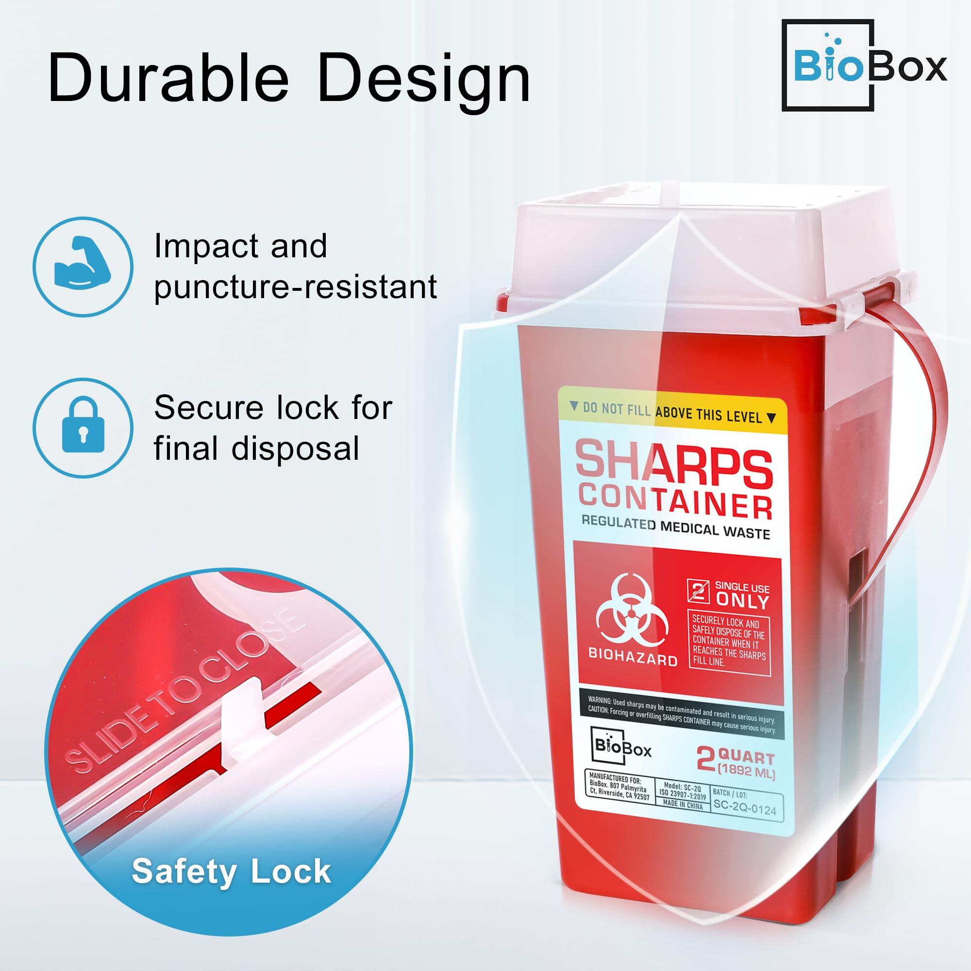 BioBox Sharps Container Small - Sharps Containers for Home Use and Labs - Portable Needle Disposal and Travel Size Biohazard Bin - 2 Quart (Pack of 1)