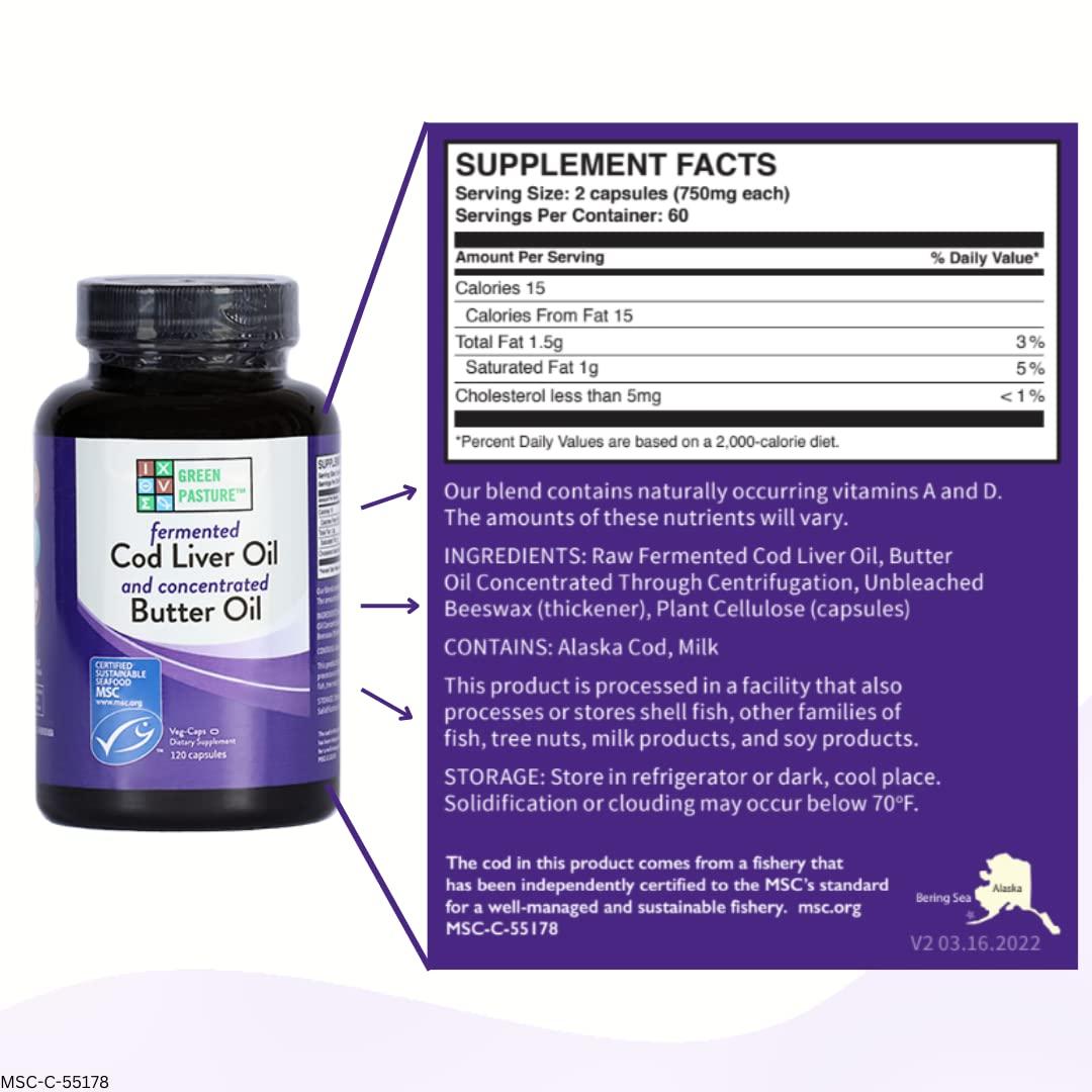 Green Pasture Green Pasture Fermented Cod Liver Oil Blend and Concentrated Butter Oil Blend - 120 Capsules