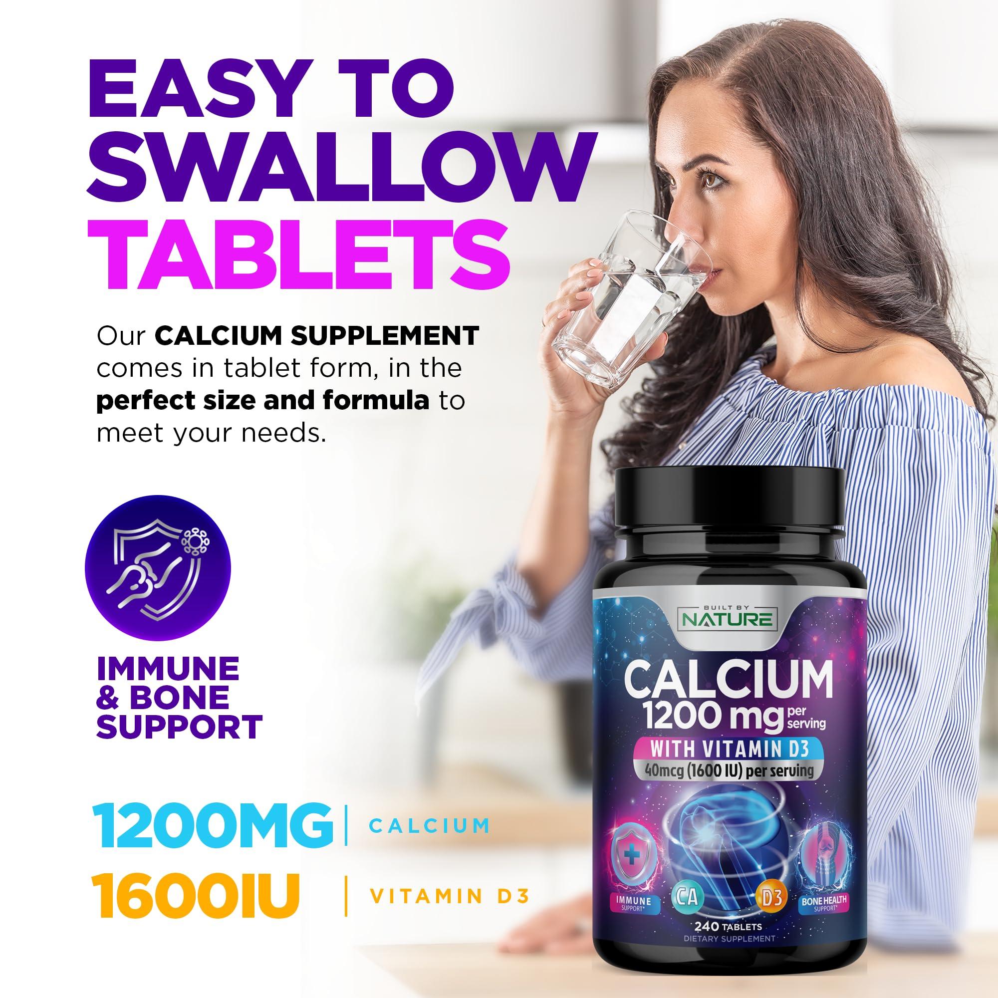 Built by Nature Calcium 1200mg with Vitamin D3 for Best Absorption - Advanced Bone Support Supplement, 1200 mg Calcium Carbonate & 1600 IU Vitamin D3, Slow Release for Immune Support, Easy to Swallow, 240 Tablets