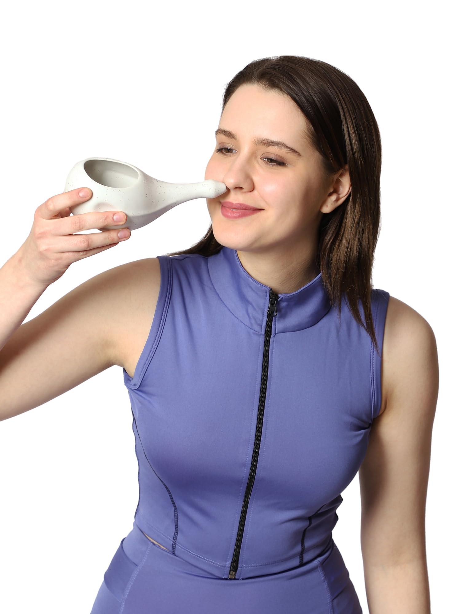 HealthGoodsIn HealthGoodsIn Ceramic Neti Pot, Dishwasher Safe, Conical Tip for Nasal Cleansing + 5 Sachet Neti Salt, Without Handle (Matte Ivory)