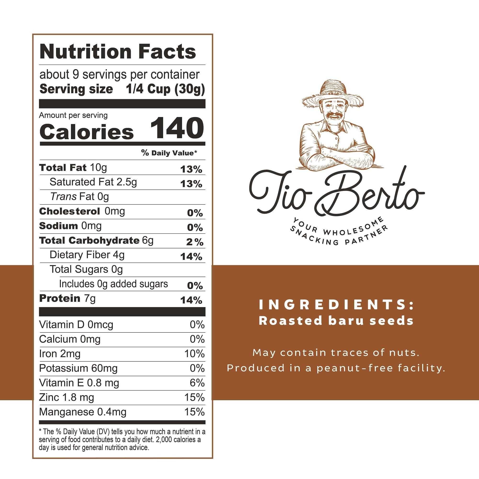 Tio Berto Baru Nuts Roasted, 10 oz Resealable Bag | Crunchy and Delicious | Suitable for Vegan, Gluten Free, Keto, Peanut Free Diets | High Protein Snacks | Premium Wild Supernuts | Healthy Snacks by Tio Berto