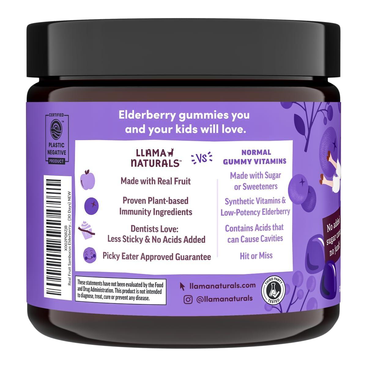 Llama Naturals Llama Naturals Real Fruit Sambucus Elderberry Gummies for Kids, No Added Sugar Cane, Vegan, Organic Toddler Immune Support, Zinc & Vitamin C Children 120 Count (2-4 Month Supply)