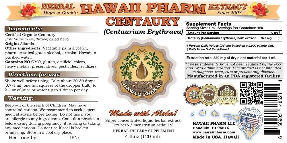 HawaiiPharm Centaury Liquid Extrac, Organic Centaury (Centaurium erythraea) Tincture Supplement 15x4 oz
