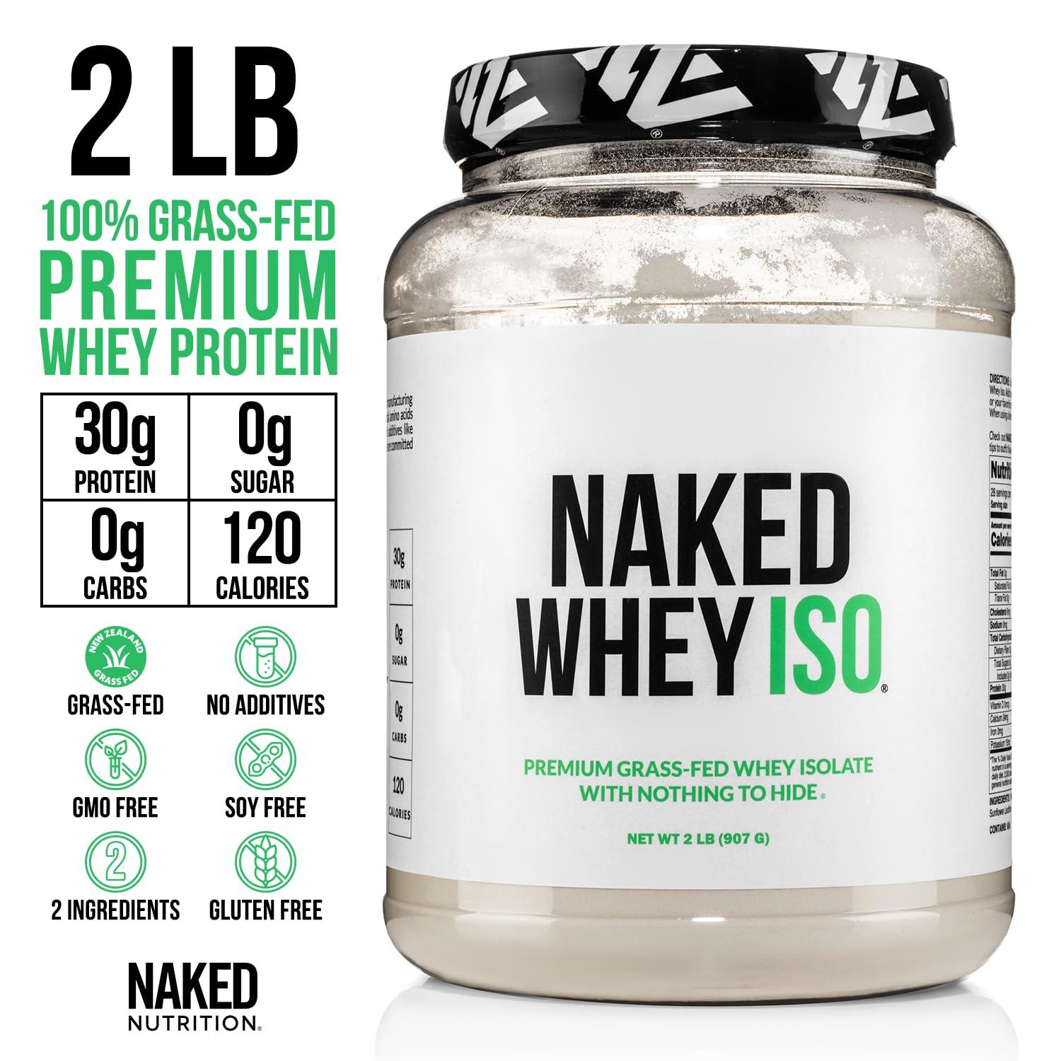 Naked Nutrition Naked Whey Isolate Protein - Only 2 Ingredients, 30g Grass-Fed Protein, Unflavored, Undenatured, No GMO, No Soy, Gluten-Free, No Preservatives - 28 Servings