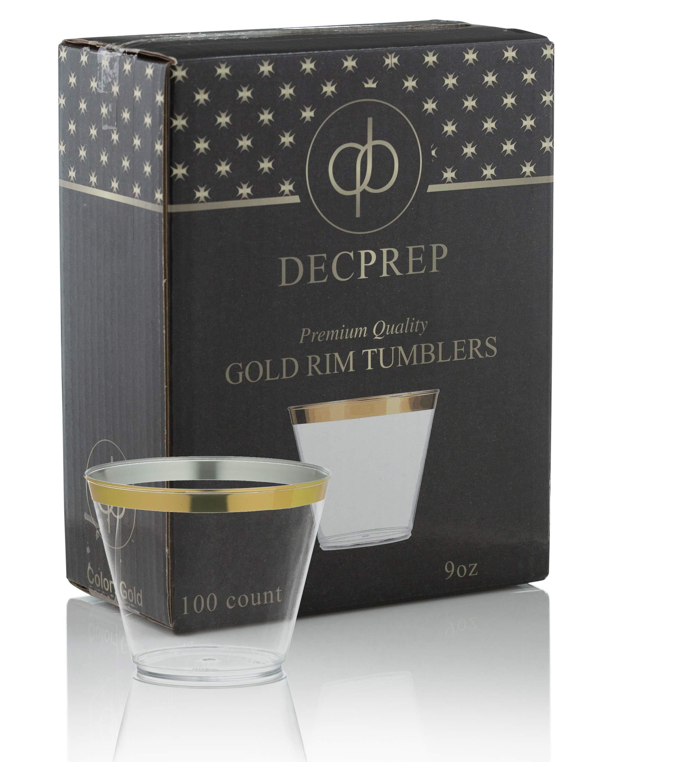 DECPREP Gold Rimmed Clear Cups 9 oz. | Old Fashioned Tumblers | Elegant Plastic Party Cups | Fancy Disposable Wedding Cups | Heavy Duty Gold Rimmed Cups (100 ct)